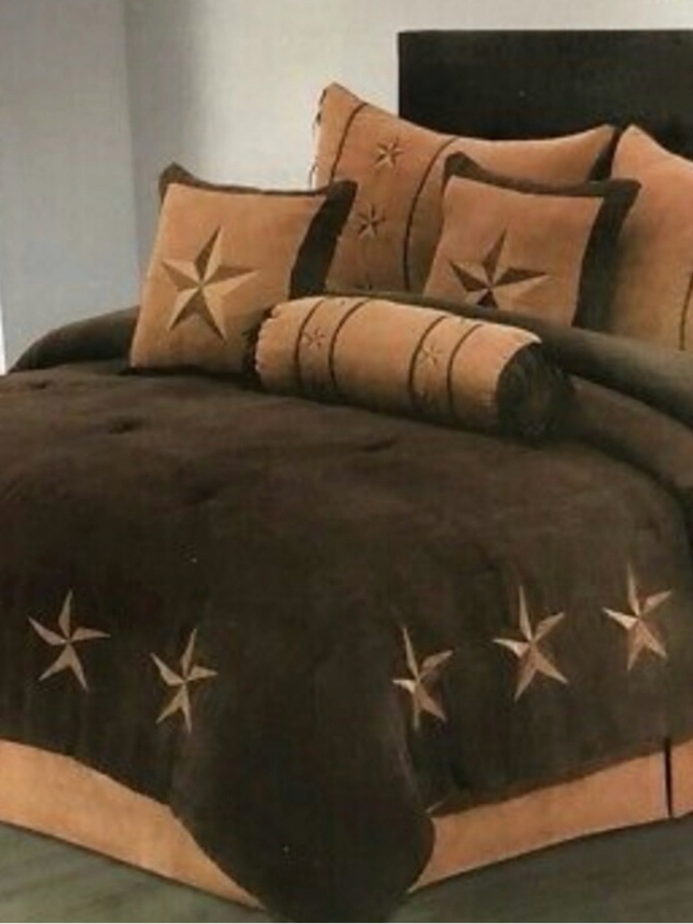Tan Comforter with Star Embroidered Border and Dark Trim